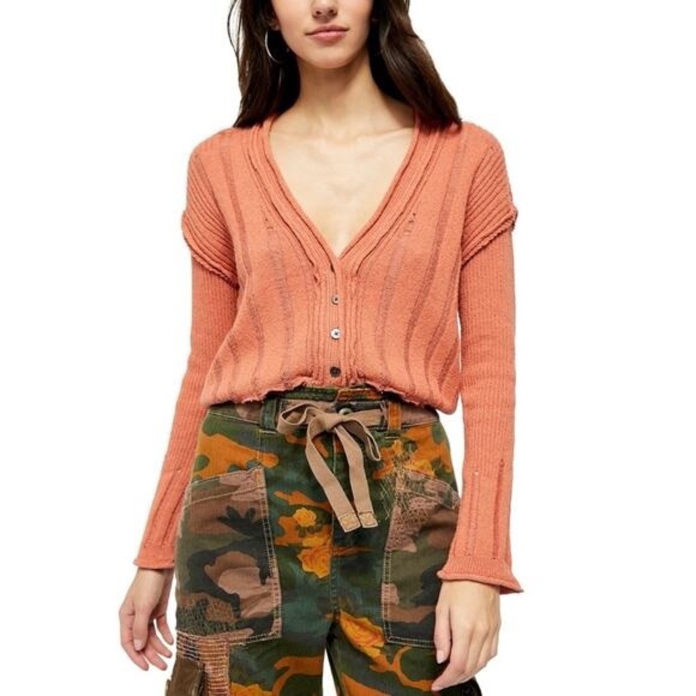 Free People Rust Orange‎ Distressed Stevie Cardigan large l